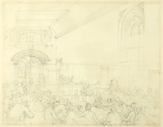 Studie för Guild Hall, Examination of a Bankrupt Before His Borgenärer, från Microcosm of London
