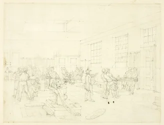 Studie till The Mint, från Microcosm of London (recto); Skiss av innergård (verso)