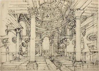 Studie för Walbrook Church (recto); Skisser av segelbåtar, män och jollar (verso)