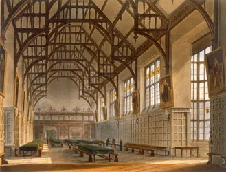 Hall of Trinity College, Cambridge, från "The History of Cambridge", graverad av J. Bluck (fl.1791-1831), pub. av R. Ackermann, 1815 (färgakvatint)
