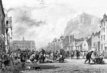 Slottet från Grass Market, Edinburgh, etsat av George Cooke och Henry Le Keux, 1820
