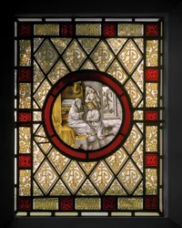 Biblioteksfönster med nederländska Roundel, ca 1844 (målat glas)
