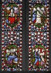 Rosenkransens mysterier, kapellets östra fönster, detalj, 1847 (målat glas)