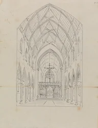 Skiss av interiören av en gotisk kyrka