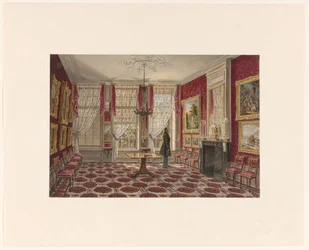1800-talsinteriör med målningar och stående figur