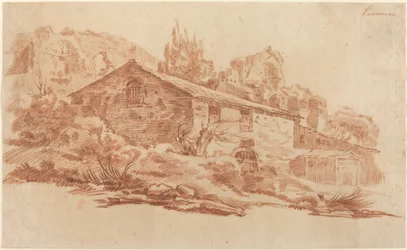 Rustik byggnad bland romerska ruiner