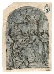 Presentationen i templet (krita med penna och bläck, lavering och vit förhöjning på papper)