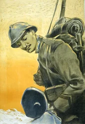 Italiensk affisch från första världskriget visar en soldat som tittar ner på sin lilla son. 1917 Aurelio Craffonara