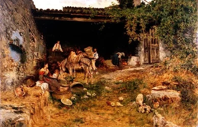Italian Farmyard (olja på panel)