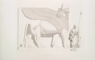 Ett bevingat lejon med människohuvud från Nimroud [Calah], 1849