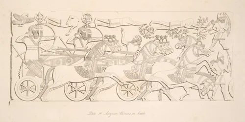 Assyriska krigare i strid, från Monuments of Nineveh, pub. 1849