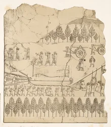 Assyrier flyttar en bevingad tjur på en släde (Kouyunjik), från Monuments of Nineveh, pub. 1849 (gravyr)
