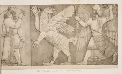 Basreliefer vid en ingång till ett litet tempel (Nimroud), från Monuments of Nineveh, pub. 1849