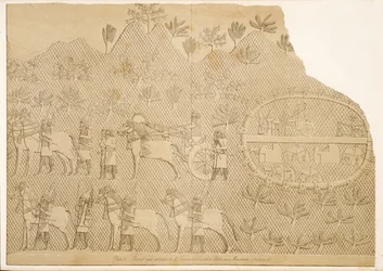 Vagn och skötare av Sanherib och ett slott på ett berg (Kouyunjik), från Monuments of Nineveh, pub. 1849