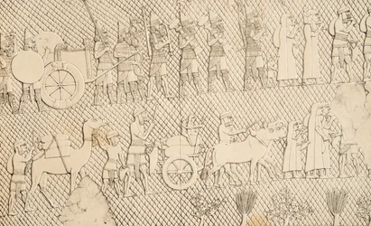 Detalj från fångar och byte från staden Lachich, illustration från Monuments of Nineveh, 1858