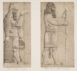 Fish God (Nimroud) och figur nära en entré (Kouyunjik), från Monuments of Nineveh, pub. 1849