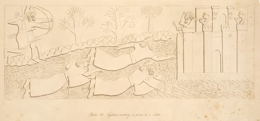 Flyktingar som korsar en flod till ett slott, från Monuments of Nineveh, pub. 1849