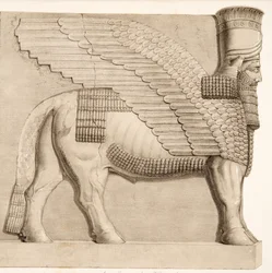 Människoledd tjur och bevingad figur från en port i muren som omger Kouyunjik, från Monuments of Nineveh, pub. 1849