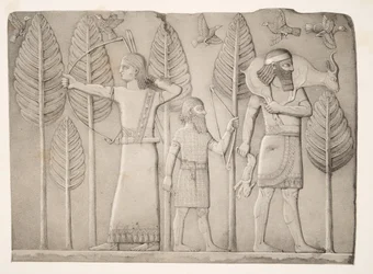 Jägare med gasell, hare och fåglar (Khorsabad), från Monuments of Nineveh, pub. 1849
