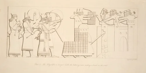 Kungen före ett belägrat slott, väduren som bryter mot väggarna, från Monuments of Nineveh, pub. 1849