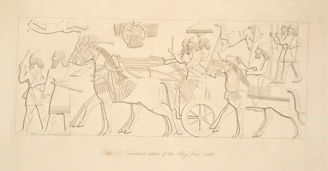 Kungens triumferande återkomst från strid, från Monuments of Nineveh, pub. 1849