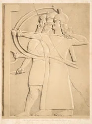 Två bågskyttar och en sköldbärare, från Monuments of Nineveh, pub. 1849