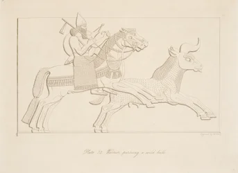 Krigare som jagar en vild tjur, från Monuments of Nineveh, pub. 1849