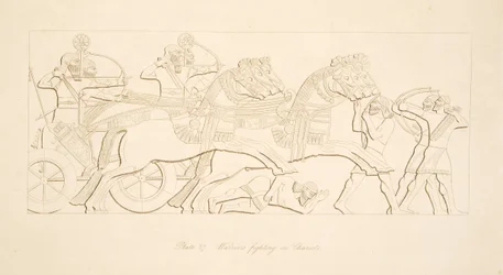Krigare som slåss i vagnar, från Monuments of Nineveh, pub. 1849