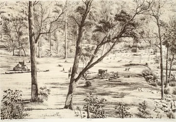 Free Selectors Hut, från The History of Australasia av David Blair, McGrady, Thomson och Niven, 1879