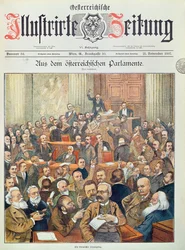 En stormig session i det österrikiska parlamentet i Wien, 1897
