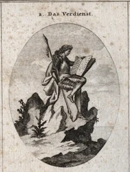 Allegorie du merite representerar på toppen av en klippa brant med vapen och en bok som symboliserar det som ett resultat av hans verk och studier. Gravyr i "" ikonologi eller idéer från området passioner och allegorier avbildade för teckning