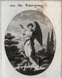 Allegori över tillgivenhet eller vänlighet. Dess attribut är ödlan, en symbol för dess vänlighet och naturliga tillgivenhet för människor. Gravyr i ”Iconologie oder Ideen aus dem Gebiete der Leidenschaften und Allegorien bildlich dargestellt für Zeichner