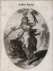 Allegori av ilska representerad i en rastlös attityd, en ögonbindel, ett svärd och en fackla i händerna. Den är klädd med björnskinn och lejonet bakom den är furiosit. Gravyr i "" Iconologie oder Ideen aus dem Gebiete der Leidenschaften und Allegorien