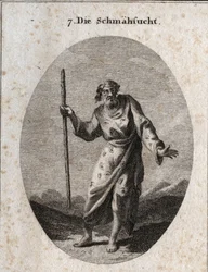 Allegori om skulden representerar av Momus satyrens och tillrättavisningens Gud som en gammal man som talar och slår jorden. Hans kläder är strödda med öron, ögon och tungor. Gravyr i "" Iconologie oder Ideen aus dem Gebiete der Leidenschaften und Allegori