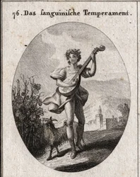 Allegori av blodhy. Geten som äter vindruvor visar att blod förs till nöjen kärlek och bacchus. Gravyr i "" ikonologi eller idéer från området passioner och allegorier avbildade för ritare, målare, poeter