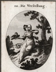 Allegori om döljande. Hon täcker sitt ansikte med en mask, ett falskt emblem. Dess egenskap är en skata, både vit och svart, och dess smekningar blandas med näbbar. Gravyr i "" Iconologie oder Ideen aus dem Gebiete der Leidenschaften und Allegorien