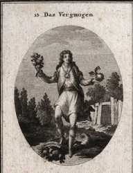 Allegori om belåtenhet representerad av en ung man som håller ett gyllene äpple med ena handen och en bukett blommor på den andra. De visar att allt som omger honom deltar i hans glädje, som symboliseras av rubinen som strålar på hans bröst. Dess