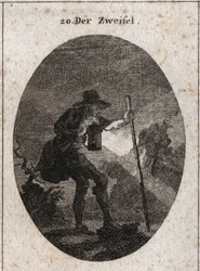 Allegori om tvivel representerad av en ung man som går genom mörkret med en lykta och en båt som han hjälper till att hitta genom flera stigar fyllda med stenar. Gravyr i "" Iconologie oder Ideen aus dem Gebiete der Leidenschaften und Allegor