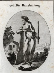 Allegori om ekonomi. Den är krönt med en olivkvist som symboliserar fred. Den lutar sig mot ett roder och håller en spira och kompas, maktemblem och den exakta regeringen. Gravyr i "" Iconologie oder Ideen aus dem Gebiete der Leidenschaften und Allego