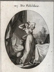 Allegori om falskhet. Hennes emblem är en siren som tittar på sig själv i en spegel. Gravyr i "" ikonologi eller idéer från området passioner och allegorier avbildade för tecknare, målare, poeter, forskare, lärare och vänner till Higher G