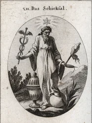 Allegori över ödet. En stjärna ovanför visar astrologins inverkan på händelserna i människans liv. Den håller med ena handen en lövfällande symbol för sin makt och med den andra en symbol för kaveldun och en slända vars avbrutna tråd visar livets skörhet.
