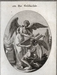 Allegori över historien. Hans handlingar att lyssna och skriva på en fantastisk bok som stöds av tiden innebär handlingen att bli informerad om att omskriva minnet av tidigare saker. Gravyr i "" Iconologie oder Ideen aus dem Gebiete der Leidenschaften und 