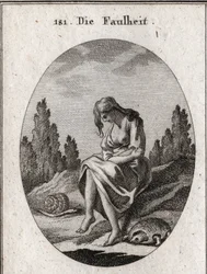 Allegori om lättja. Hon håller armarna i kors. Hans egenskap är en sköldpadda och en snigel. Gravyr i "" ikonologi eller idéer från området passioner och allegorier avbildade för ritare, målare, poeter, forskare, pedagoger och fr.