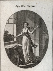 Allegori om lojalitet vars symboler är nyckeln, sigillen och hunden. Gravyr i "" ikonologi eller idéer från området passioner och allegorier avbildade för ritare, målare, poeter, forskare, lärare och vänner av högre smak