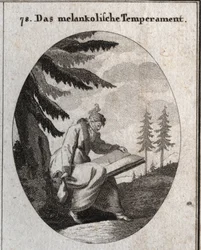 Allegori om melankolisk hy. Han håller en bok och en handväska, och hans mun är stängd med en ögonbindel. En fågel sitter på hans huvud. Gravyr i "" ikonologi eller idéer från området passioner och allegorier avbildade för ritare, Mah