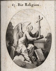 Allegori över religion. En vit slöja täcker hans huvud för att indikera att myster är ogenomträngliga. Hon sitter på en hörnsten och håller ett strålande kors på ett altare som i botten finns boken med de fyra evangelierna. Hans fot på dödens huvud markera