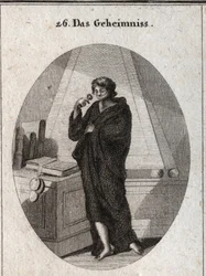 Allegori över hemligheten, höljd i svart för att begrava de anförtrodda hemligheterna i glömskan. Han har ett band över munnen, till vilket han fogar ett sigill. Gravyr i ”Iconologie oder Ideen aus dem Gebiete der Leidenschaften und Allegorien bildlich