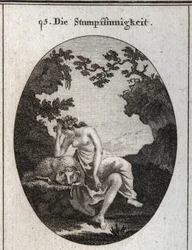Allegori om dumhet. Den lutar sig mot ett får, naturligt dumt djur. Gravyr i "" ikonologi eller idéer från området passioner och allegorier avbildade för ritare, målare, poeter, forskare, utbildare och vänner av det högre samhället