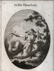 Allegori om dumhet personifierad av en löjlig kvinna som håller i en kortrulle som vänder sig i vinden och skrattar varifrån hon skrattar. Gravyr i "" ikonologi eller idéer från området passioner och allegorier avbildade för ritare,