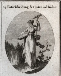 Allegori om skillnaden mellan bra och dåliga. Silen skiljer det goda säden från agnarna och krattan används för att ta bort ogräs. Gravyr i "" ikonologi eller idéer från området passioner och allegorier avbildade för teckningar